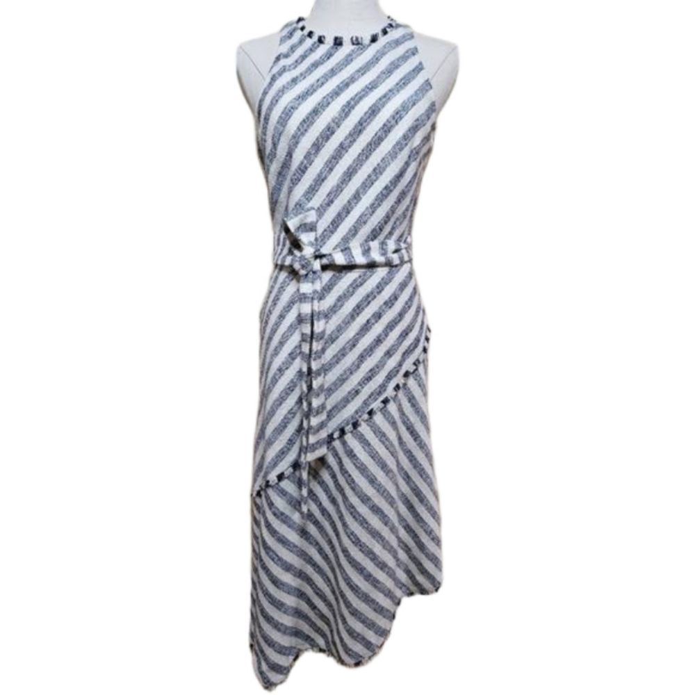 Banana Republic Tweed Tassle Asymmetrical Hem Belted Blue/Cream Stripe Dress 2